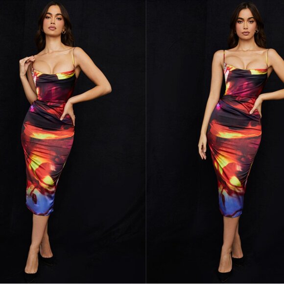 HOUSE OF CB 'Mitzi' Printed Satin Corset Midi Dress NWOT - Picture 2 of 6